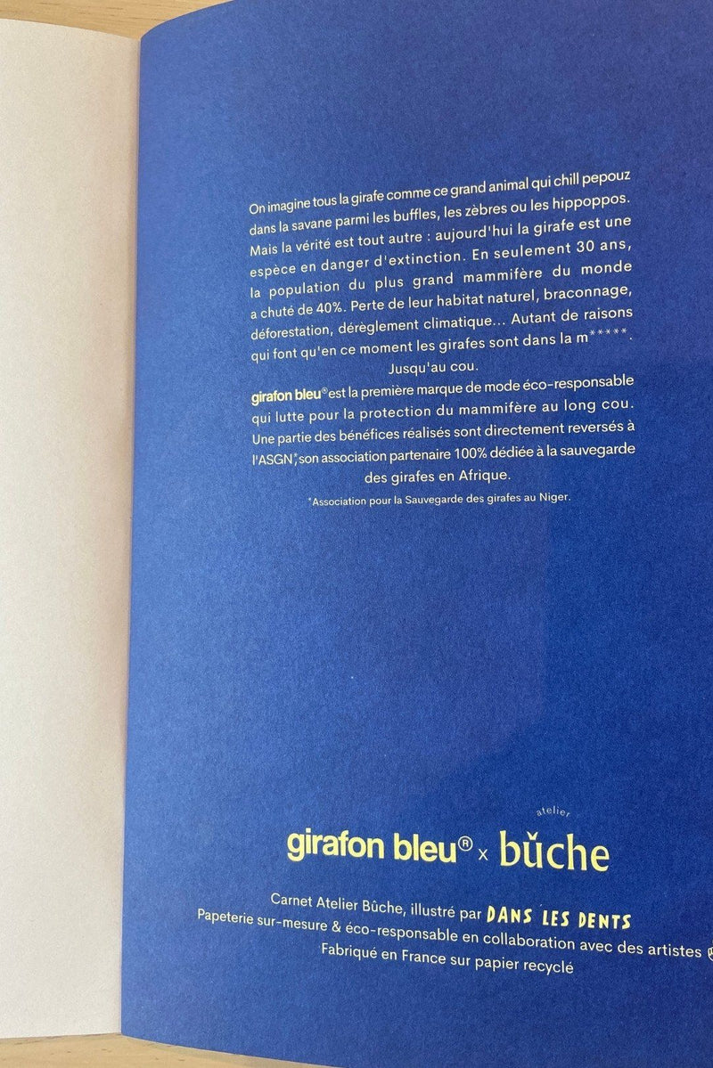 Le carnet x Atelier Bûche et Dans Les Dents girafon bleu